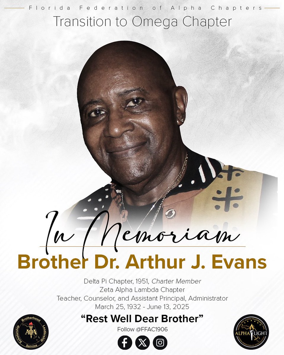 We mourn the loss of Brother Dr. Arthur J. Evans, devoted member of Zeta Alpha Lambda (Ft. Lauderdale, FL) and Charter Member of Delta Pi (Cheyney Univ. of PA). Our thoughts and prayers are with his family and the Brothers of both chapters. 🕊️