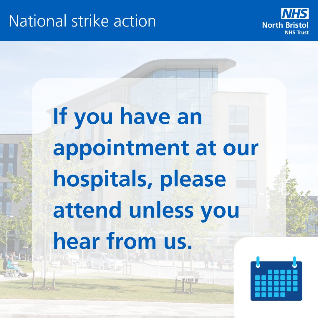 During the national strike action taking place from 07:00 on Friday 25 July until 06:59 on Wednesday 30 July 2025, please attend your appointment at our hospitals unless you hear from us.

Please don’t call to check if your appointment is going ahead.

nbt.nhs.uk/about-us/news-…