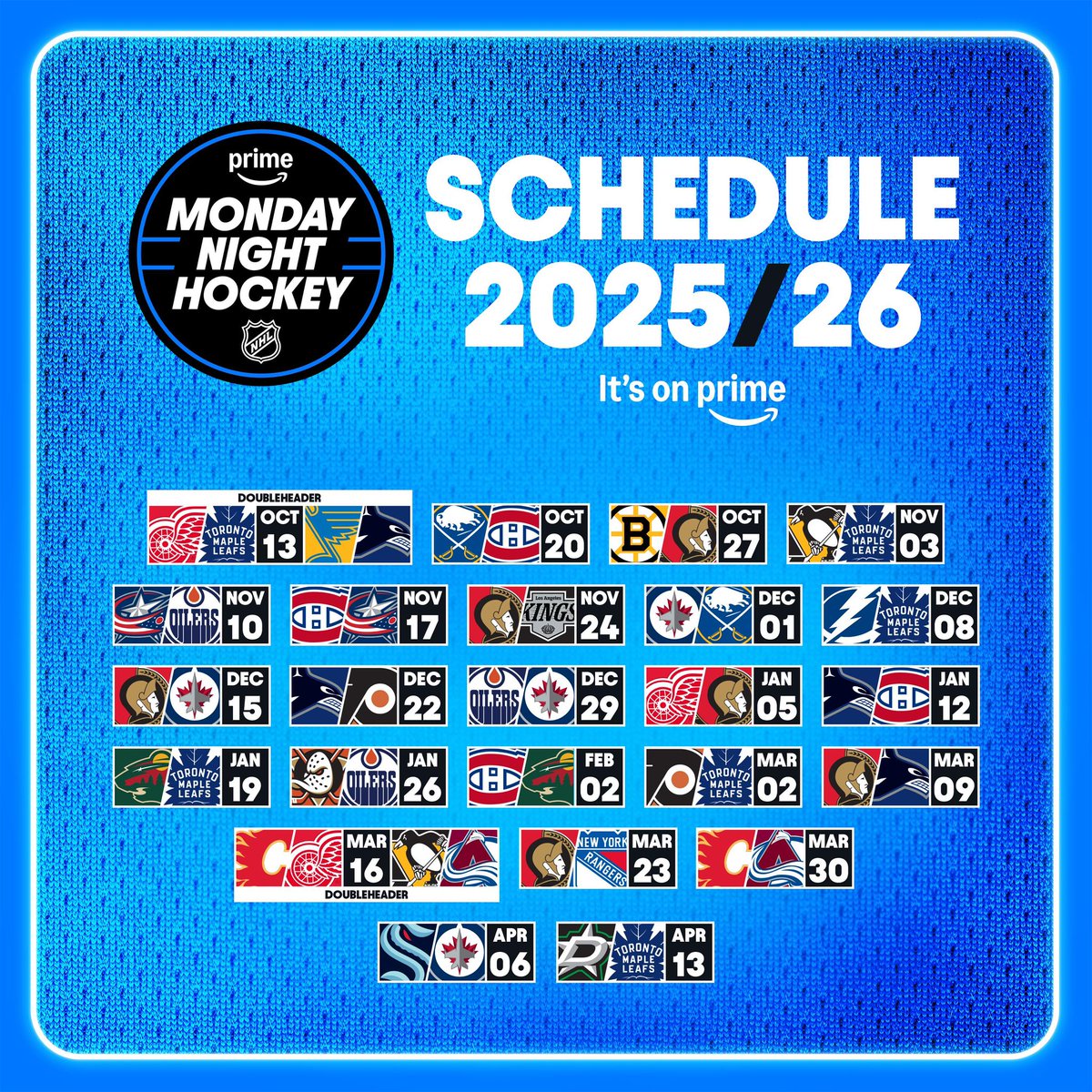 SleeperNHL's tweet image. The NHL’s Prime Monday Night Hockey 2025-26 schedule has dropped 👀
(via @SportsOnPrimeCA)