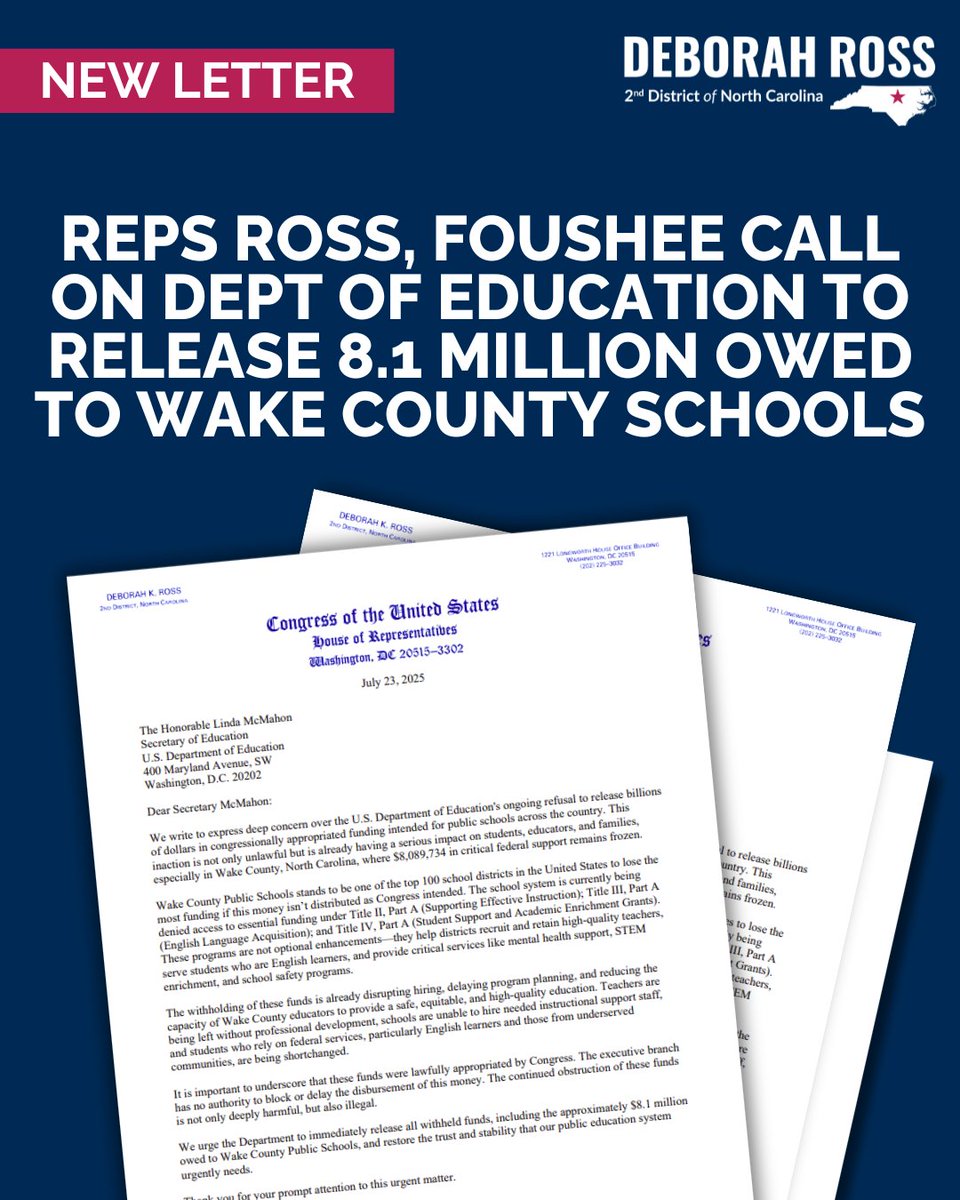 RepDeborahRoss's tweet image. Today, I joined @ValerieFoushee in demanding that the Department of Education release $8.1 million of illegally withheld funds to Wake Schools.
We must restore funding that our parents, students, and teachers need.