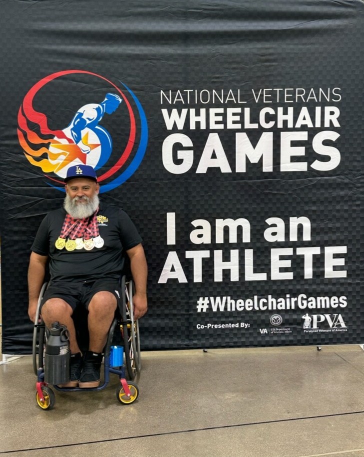 VAHouston's tweet image. Six Houston Veterans participated in the National Veterans #WheelchairGames July 17-22 in Minneapolis. Congratulations to all of our athletes including Navy Veteran Victor Ventura who won gold medals in softball, boccia and discus, silver in javelin and bronze in shot put.