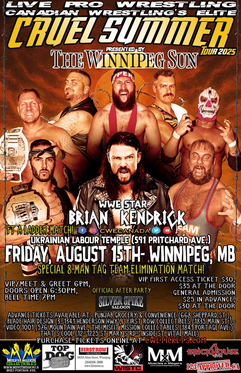 Aug 15 <a href="/CWECanada/">Canadian Wrestling's Elite</a> Winnipeg, Manitoba

Ft WWE Star <a href="/mrbriankendrick/">Brian Kendrick</a> <a href="/HotshotDannyD/">Hotshot Danny Duggan</a> <a href="/sammypeppers_/">Sammy Peppers 🌶</a> <a href="/thebadboyatm/">Anderson Tyson Moore</a> <a href="/ronnieattitude/">Ronnie Attitude</a> <a href="/KevinODoyle1/">Kevin O’Doyle</a> <a href="/shaunmartens/">Headline Shaun Martens</a> <a href="/kevinjhcannon/">Kevin Cannon</a> <a href="/CrudeOilCodyMac/">Cody Mac</a> <a href="/AdrienBB_Burton/">Adrien Burton</a> <a href="/AC_DRAGNEEL/">AC Dragneel</a> <a href="/misfitmission/">misfit mike mission</a> <a href="/MervungerJr/">MervUnger_JR</a>, A Ladder Match, 8 Man Elimination