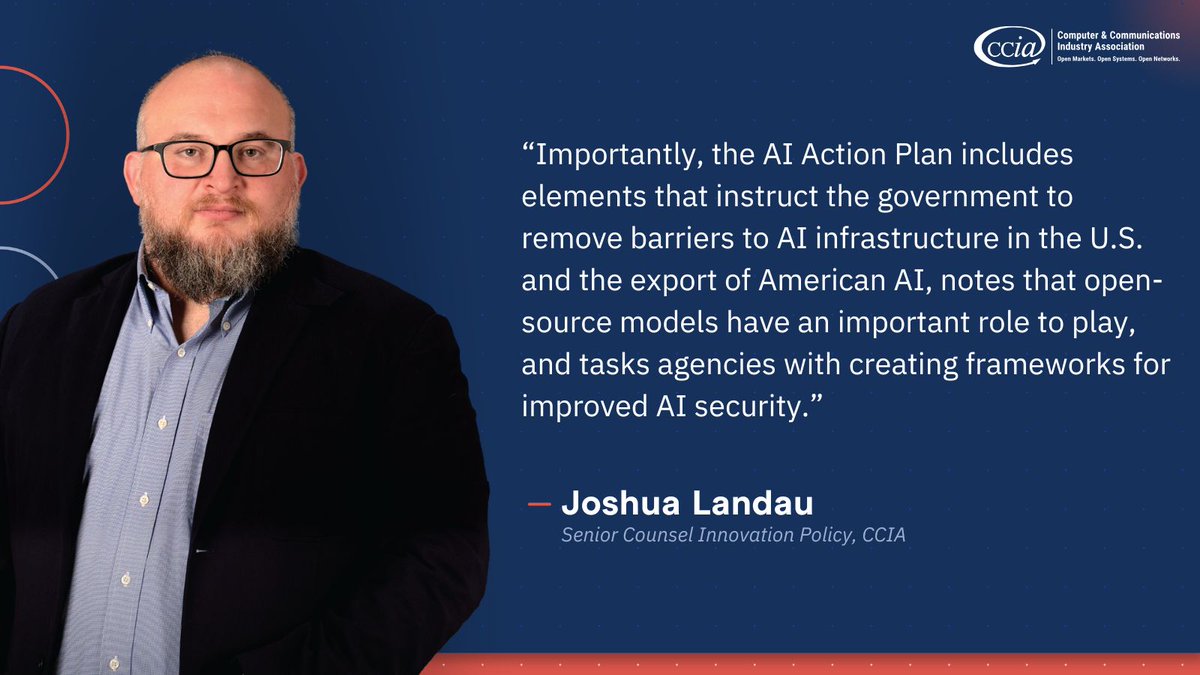 ccianet's tweet image. The White House has released its AI Action Plan, outlining a national strategy to strengthen U.S. AI innovation and exports. Several priorities identified by CCIA, such as removing regulatory barriers, supporting open-source models, and promoting #AI infrastructure, are reflected…