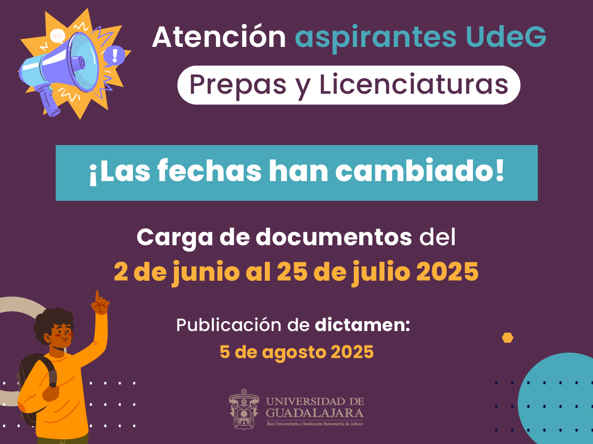 📷 ¡#AspirantesUdeG a prepa y licenciatura!

Consulta las nuevas fechas para la carga de documentos 📃 y la publicación del dictamen 📲 del calendario 2025-B..

¡Consulta la info actualizada!
➡️🔗 escolar.udg.mx