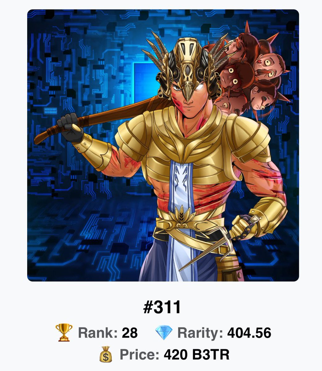 kranaking's tweet image. 🔥 Just listed Gods Reborn #311 on the @NFTGoldenEmpire Marketplace!
🎴 #311
🏆 Rank: 28 | 💎 Rarity: 404.56
💰 Price: 420 B3TR
Check it out now:
thegoldenempire.art
#NFT #VeChain #GodsReborn
Powered by @TurtleLabsV MaaS