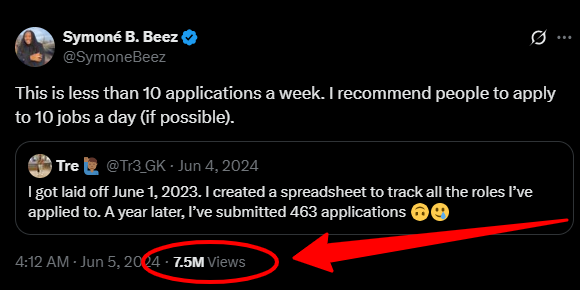 SymoneBeez's tweet image. This guy applied to 463 jobs in a year… and landed none.
I told him he should apply to 10 jobs a day…
And the internet lost its mind.
This is how to actually land a tech job in 2025: