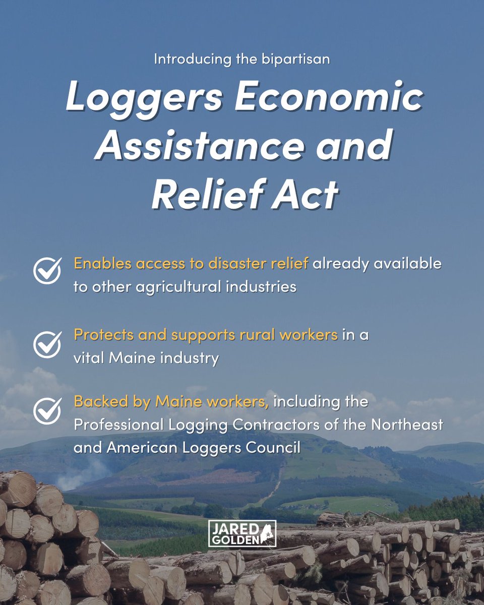 RepGolden's tweet image. Loggers aren’t exempt from natural disasters, so they shouldn’t be exempt from receiving the same resources other agricultural industries qualify for.
That's why my bipartisan, bicameral legislation would guarantee access to disaster relief for one of Maine's essential…
