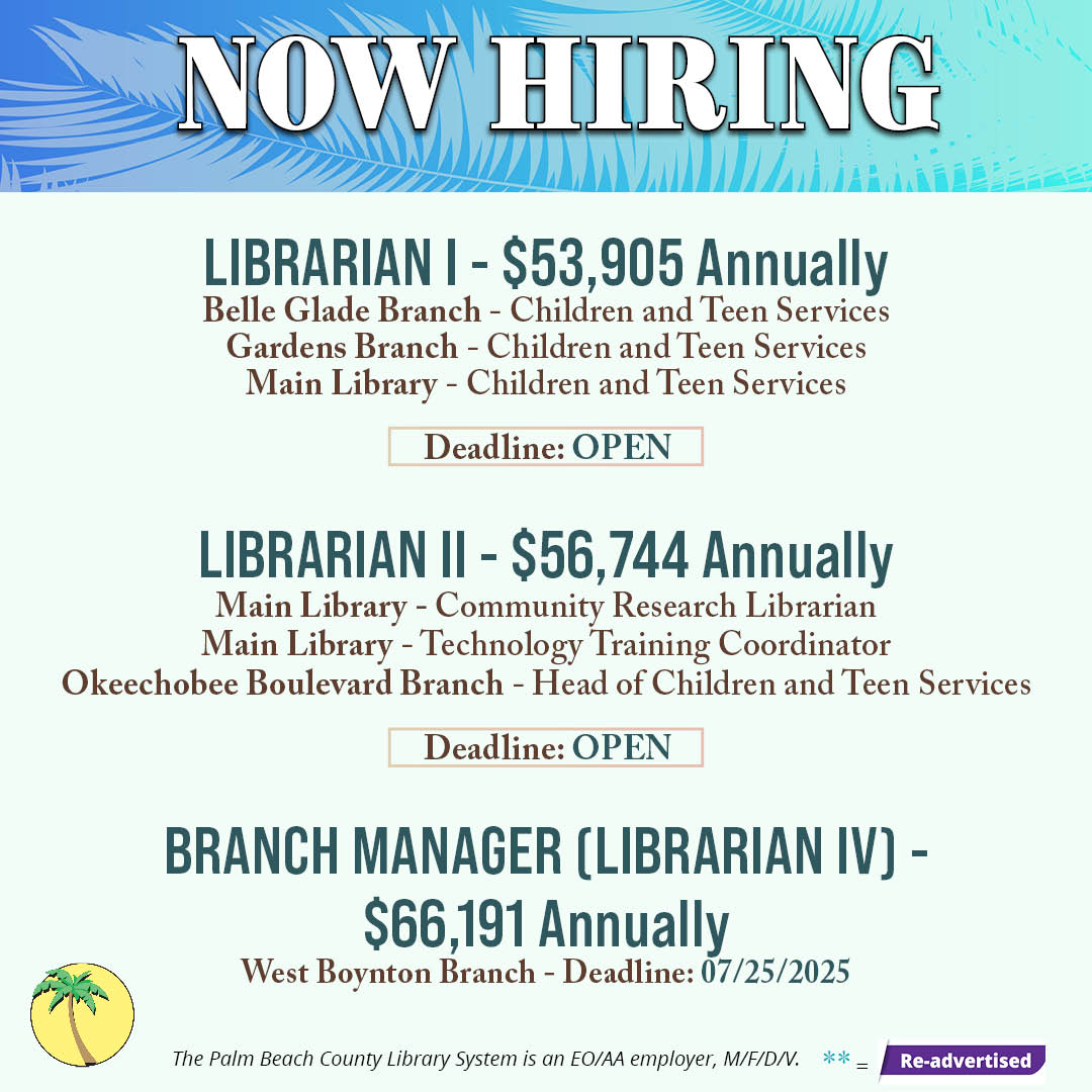 pbclibrary's tweet image. Ready to launch your career? Check out our opportunities and apply today! We have many great benefits, including health insurance, tuition reimbursement, Florida Retirement System & more!
✨ Start your journey with us by visiting tinyurl.com/pbclsJobs
#employment #pbclibrary