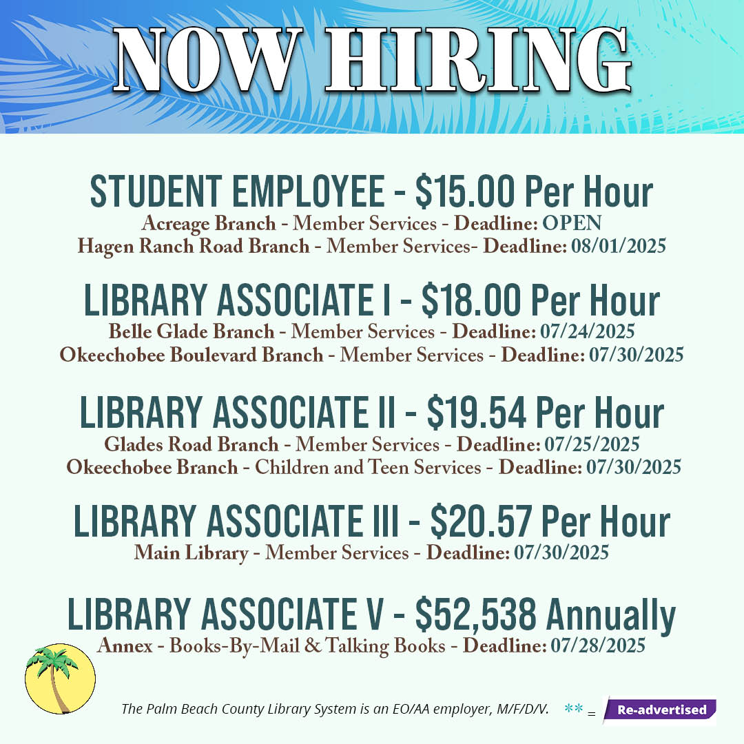 pbclibrary's tweet image. Ready to launch your career? Check out our opportunities and apply today! We have many great benefits, including health insurance, tuition reimbursement, Florida Retirement System & more!
✨ Start your journey with us by visiting tinyurl.com/pbclsJobs
#employment #pbclibrary