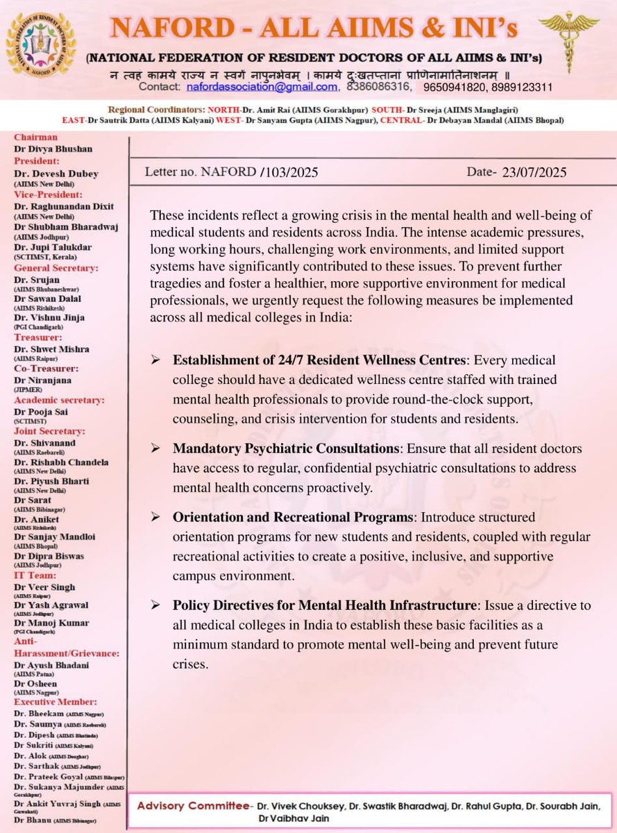 NAFORDAIIMS's tweet photo. In wake of recent rise of incidents, NAFORD writes to @MoHFW_INDIA to take urgent steps for mental wellbeing of all residents across India. 
#MentalHealthMatters
@JPNaddaoffice @Raghuaiims @NMC_IND @AIIMSRDA @RDA_AIIMSBHOPAL @devesh11dubey @iampiyushbharti https://t.co/MhlntnCLBZ