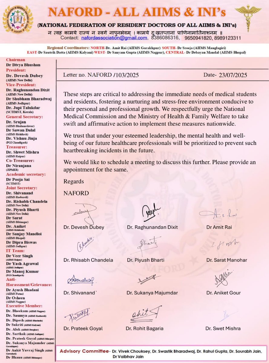 In wake of recent rise of incidents, NAFORD writes to <a href="/MoHFW_INDIA/">Ministry of Health</a> to take urgent steps for mental wellbeing of all residents across India. 
#MentalHealthMatters
<a href="/JPNaddaoffice/">jp nadda</a> <a href="/Raghuaiims/">Raghunandan Dixit, MS</a> <a href="/NMC_IND/">National Medical Commission</a> <a href="/AIIMSRDA/">RDAAIIMS DELHI</a> <a href="/RDA_AIIMSBHOPAL/">RDA_AIIMS_BHOPAL</a> <a href="/devesh11dubey/">The Blood Doctor🩸🩸</a> <a href="/iampiyushbharti/">PIYUSH BHARTI</a>