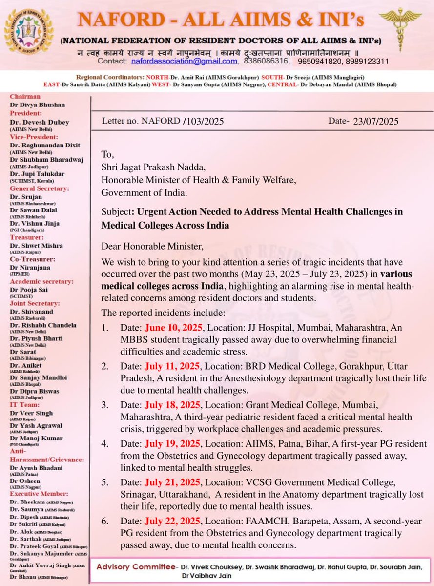 NAFORDAIIMS's tweet photo. In wake of recent rise of incidents, NAFORD writes to @MoHFW_INDIA to take urgent steps for mental wellbeing of all residents across India. 
#MentalHealthMatters
@JPNaddaoffice @Raghuaiims @NMC_IND @AIIMSRDA @RDA_AIIMSBHOPAL @devesh11dubey @iampiyushbharti https://t.co/MhlntnCLBZ