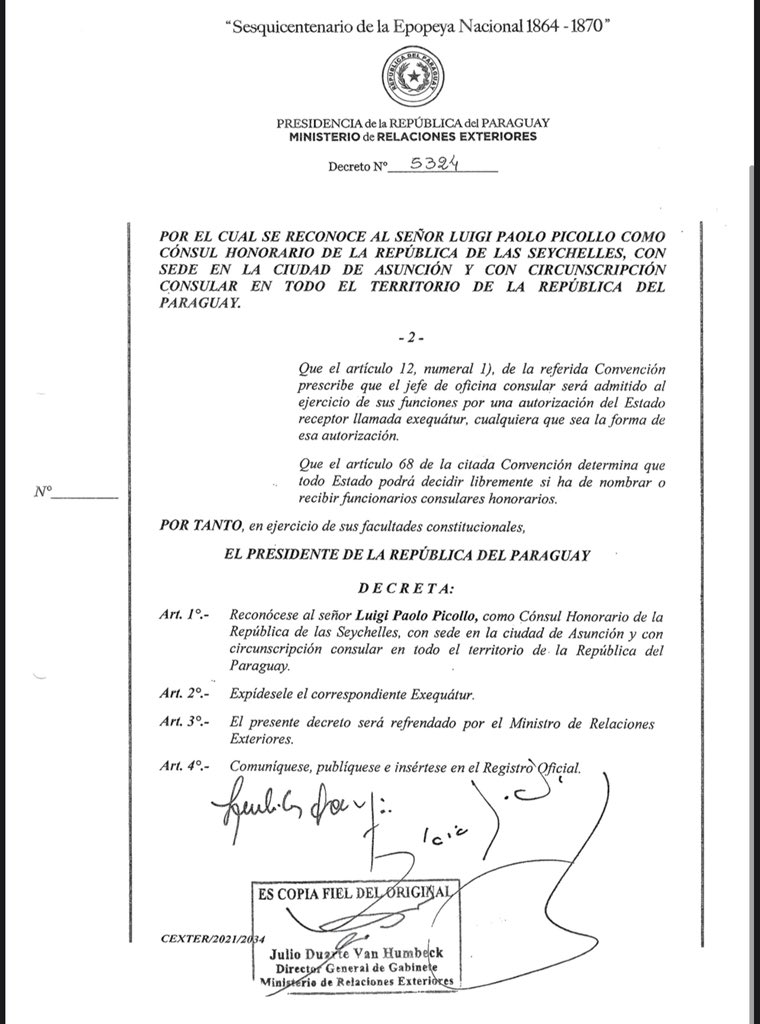 ➡️ MIREN ESTE DATO. Ustedes sabían que hay CÓNSUL de SEYCHELLES en Paraguay?  Y adivinen  quién firmó el decreto. Si, el mismo. Acá va el decreto, firmado el 24 de mayo de 2021. Todos los caminos conducen al paraíso fiscal.