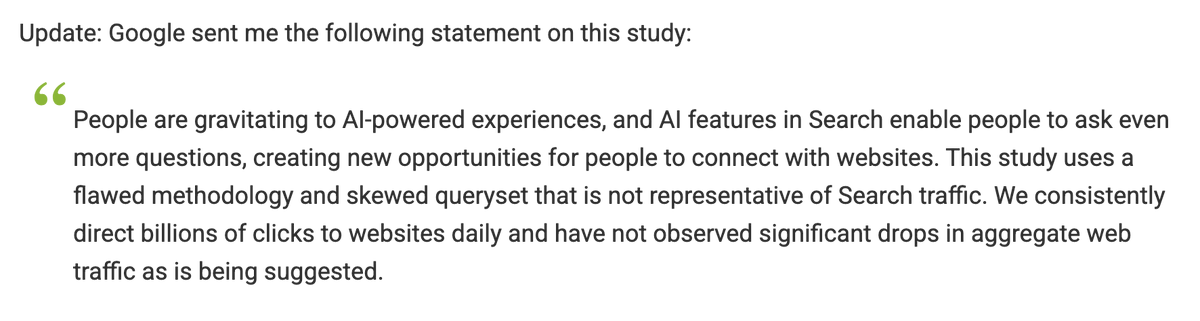 tomcritchlow's tweet image. This statement from Google is very carefully worded. They are not denying that they send fewer clicks to websites
What Google is saying:
* Query volume increasing (ok)
* We send a lot of clicks (ok)
* Websites have not declined in traffic (remember Google is a website)