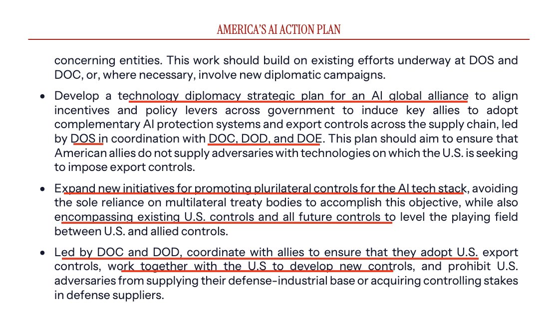 rwang07's tweet image. Two notable policy recommendation in U.S. AI Action Plan announced today.
1) “Led by DOC, develop new export controls on semiconductor manufacturing sub- systems. Currently, the United States and its allies impose export controls on major systems necessary for semiconductor…