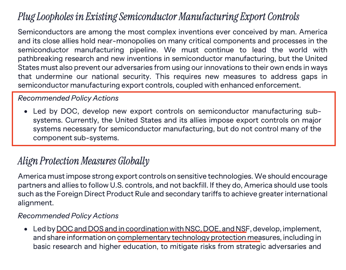 rwang07's tweet image. Two notable policy recommendation in U.S. AI Action Plan announced today.
1) “Led by DOC, develop new export controls on semiconductor manufacturing sub- systems. Currently, the United States and its allies impose export controls on major systems necessary for semiconductor…