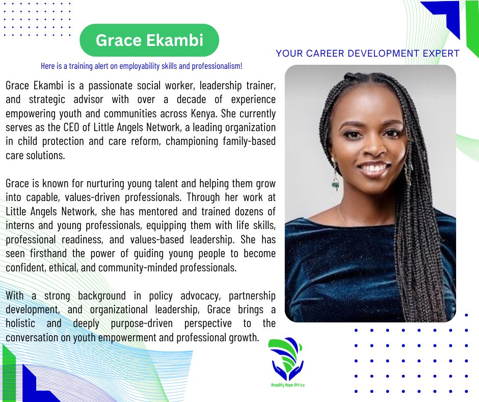 AmplifyhopeAfr's tweet image. 🌟 Meet Our Facilitator: Grace Ekambi 🌟
We are thrilled to welcome Grace, who will be leading our training sessions on Employability Skills and Professionalism for the youth!
With a strong background in career development and workforce readiness, Grace brings a wealth of