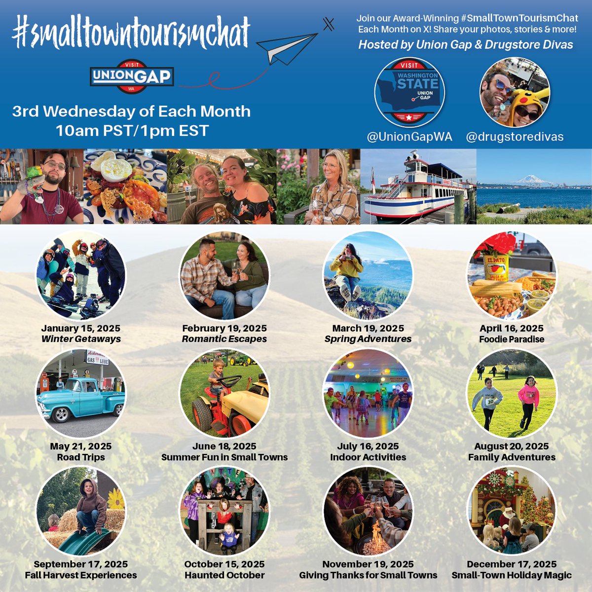 UnionGapWA's tweet image. Thanks to everyone that participated in our July #SmallTownTourismChat last week! We'll see you on Wednesday, August 20th with our cohost @drugstoredivas for our next monthly topic - Family Adventures! Start getting your photos ready.