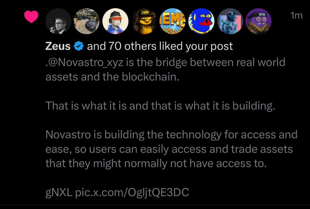 thecisco_'s tweet image. Wow, @ZeusCrypto_ liked my post on @Novastro_xyz today.
This is huge to me.
It was Zeus’s page that introduced me to RWAs when I stumbled upon it on @shreedharshetty page.
When I started exploring Novastro and what they were building, I turned to his page to better understand…