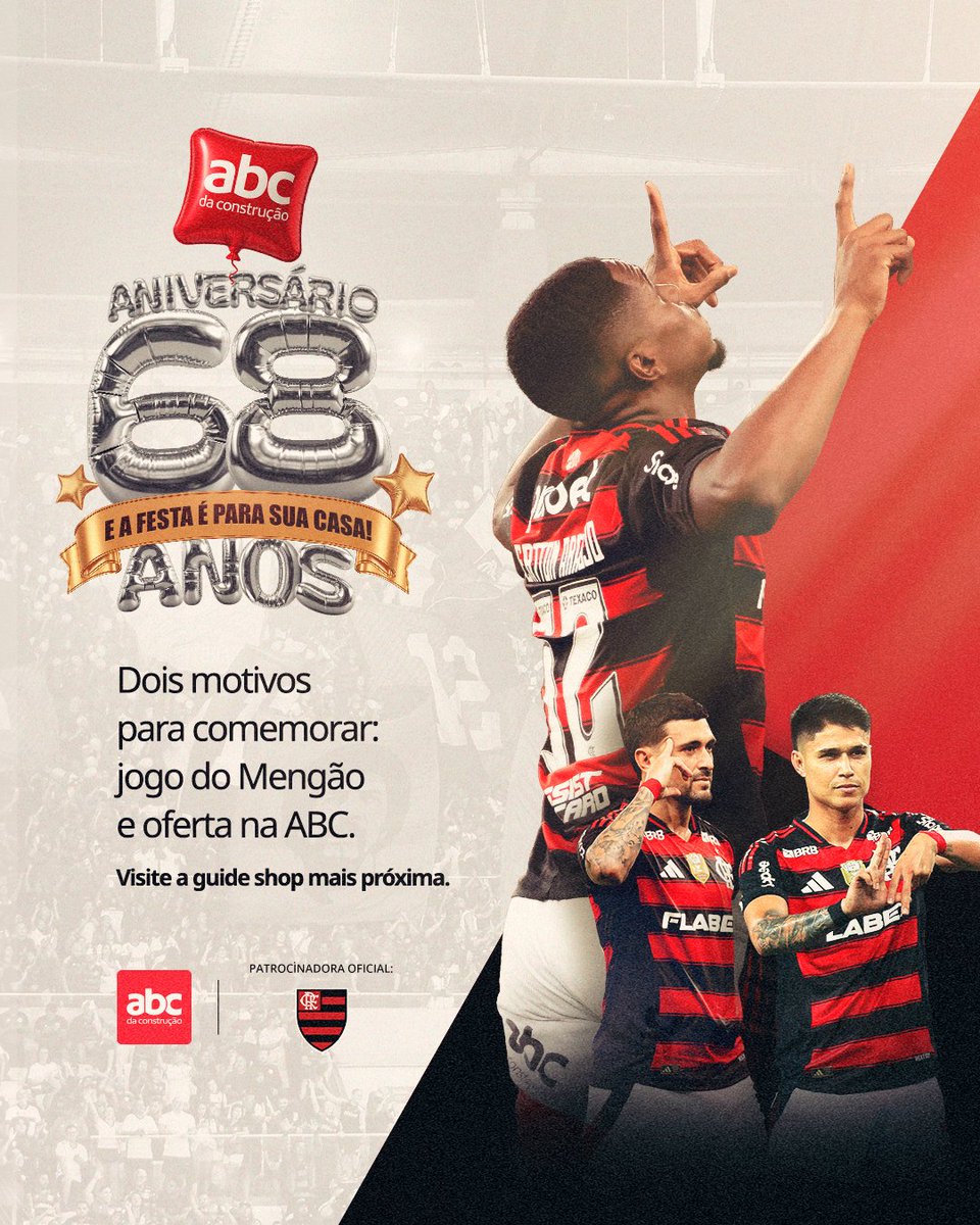 Flamengo's tweet image. Nação, vai começar a festa! ❤️🖤
Hoje é dia de torcer pelo Mengão. E amanhã, você e sua casa fazem a festa com as ofertas de aniversário da @abcdaconstrucao.
Visite a Guide Shop mais próxima de você e confira todas as novidades e condições para marcar um gol de placa na sua…