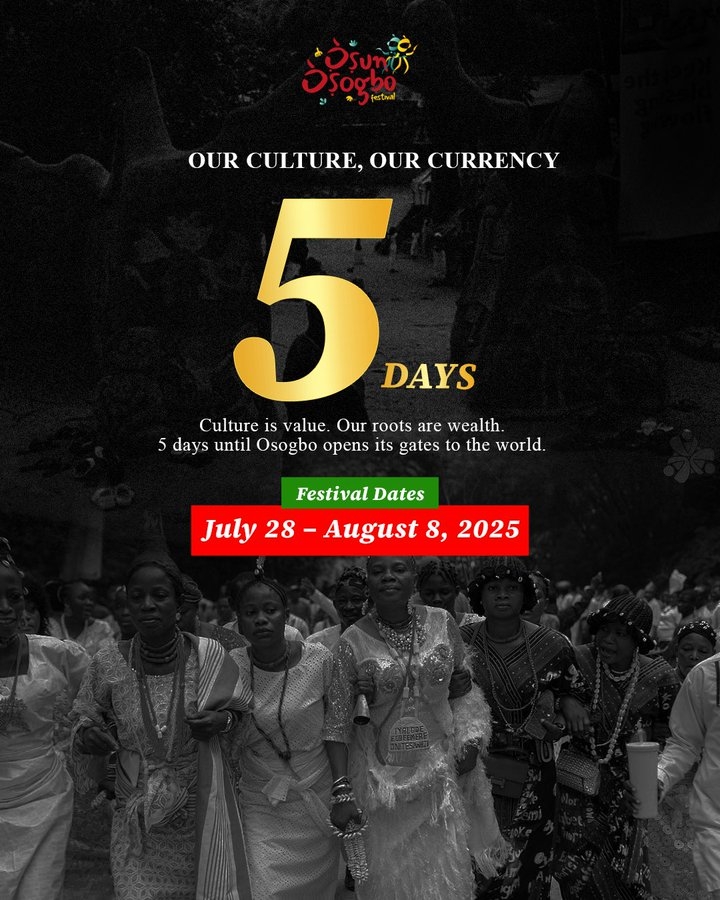 TheGreatestIFE's tweet image. 5 Days to go! The Spirit of Unity. The Pulse of a Nation.
July 28 – August 8, 2025
Lead Sponsor: Orijin
Co-Sponsors: Goldberg | MTN | Trophy | Seaman Schnapps
#OsunOsogbo2025 #OsunOsogboFestival2025 #GuinnessCulturalPartner