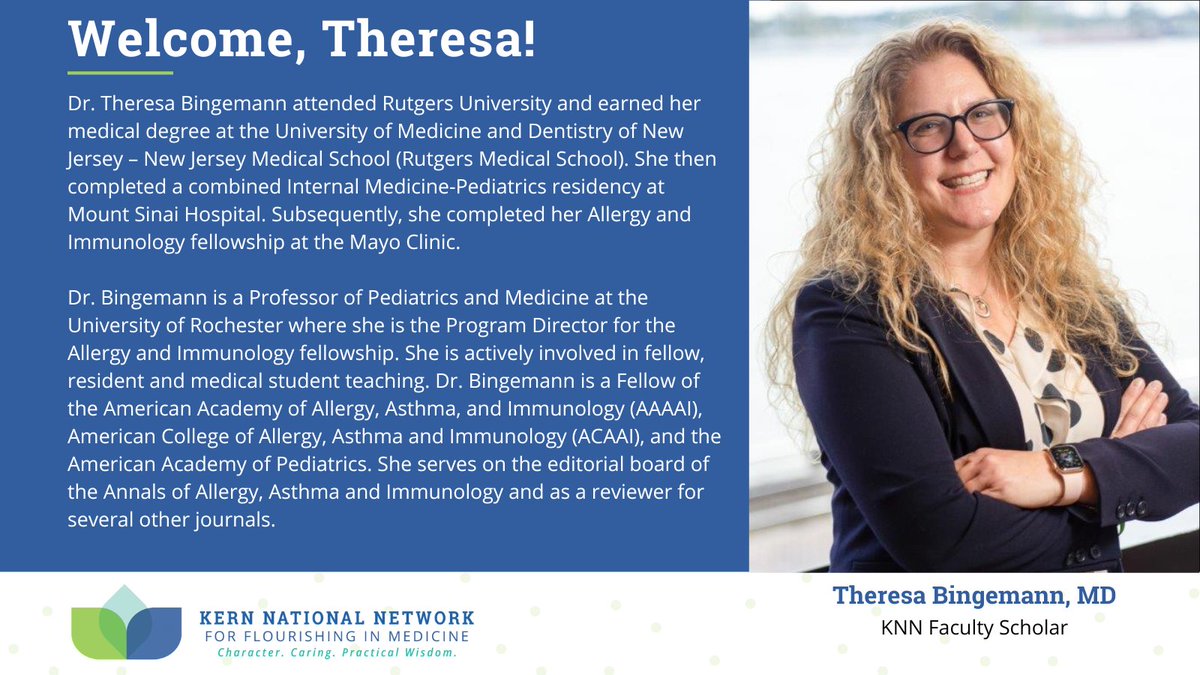 KernNetwork's tweet image. Continuing the theme of fellowships, we’re delighted to introduce Theresa Bingemann, MD, as the selected fellow for the KNN Faculty Scholars program! 

Dr. Bingemann will engage in the @HarvardMacy Program for Educators in Health Professions and receive guidance from the KNN.