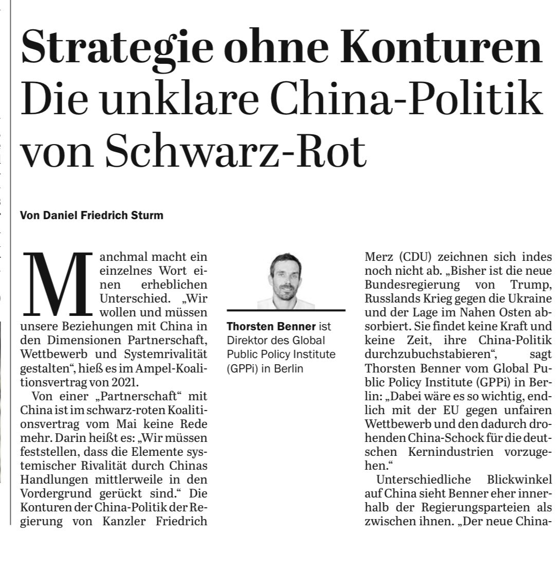 thorstenbenner's tweet image. „Bisher findet die Regierung keine Zeit, ihre China-Politik durchzubuchstabieren. Dabei wäre es so wichtig, endlich mit der EU gegen unfairen Wettbewerb und den dadurch drohenden China-Schock für die deutschen Kernindustrien vorzugehen.“
Meine Position im @Tagesspiegel.