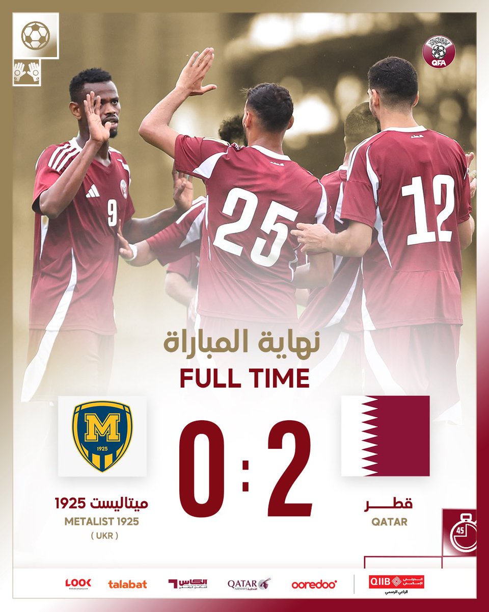 QFA's tweet image. 📢 نهاية المباراة
قطر (2) : (0) ميتاليست 1925
⚽️ المعز علي 1’
⚽️ محمد مونتاري 43’
#العنابي
#رحلتنا_إلى2026