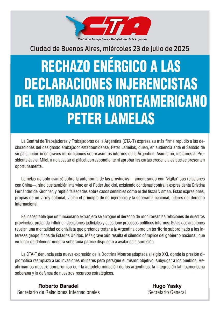 Rechazo enérgico a las declaraciones injerencistas del embajador norteamericano Peter Lamelas.