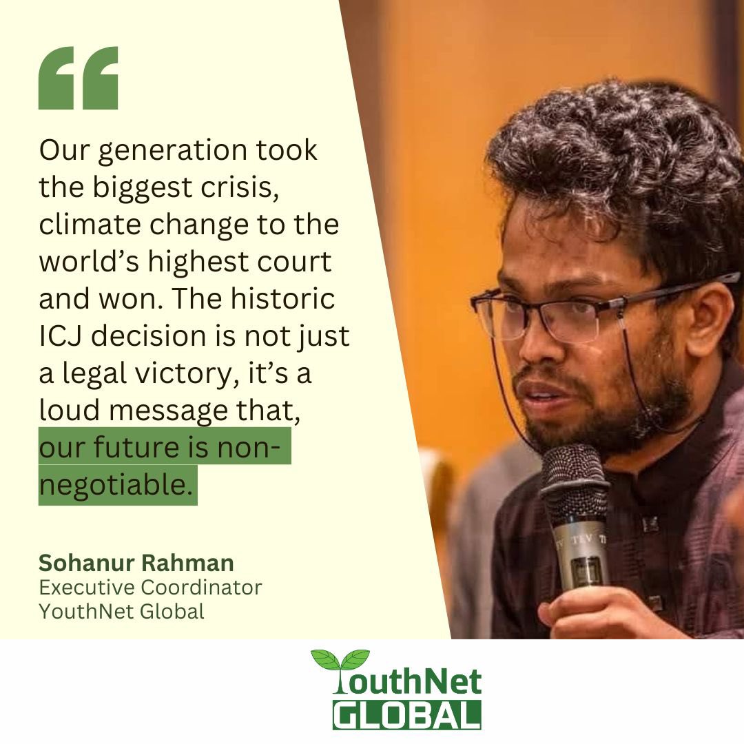 YouthNetGlobal's tweet image. 🌍✊ “Our generation took the biggest crisis, climate change, to the world’s highest court — and won. This is not just a legal victory, it’s a loud message: our future is non-negotiable.” — @SohanYouthNetG
#YouthPower #ClimateJustice #FutureIsNonNegotiable #YouthNetGlobal