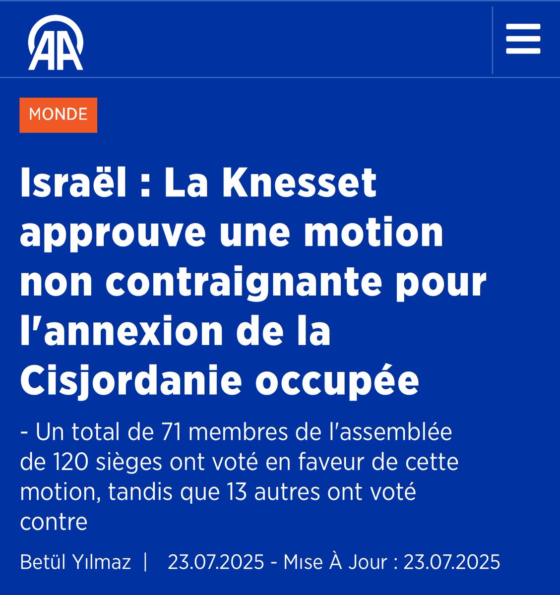 camille_moscow's tweet image. 🚨 La Knesset israélienne a voté en faveur de l'annexion de la Cisjordanie.
Pendant qu’on parle « paix » et « diplomatie », la Knesset acte l’annexion pure et simple de la Cisjordanie.
Israël raye officiellement l’État palestinien de la carte, efface l’ONU, et proclame sa…