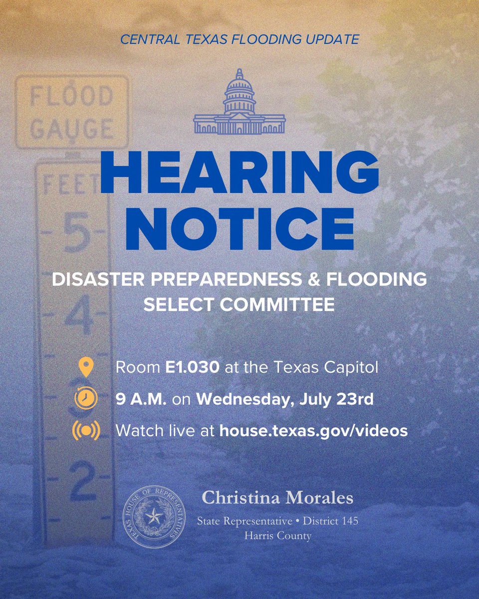 RepMorales145's tweet image. Still Going: the first House and Senate committee hearing addressing the flooding disaster. This is the important work the legislature should focus on during this special session.
Watch: house.texas.gov/videos
Submit a comment: comments.house.texas.gov/home?c=c236