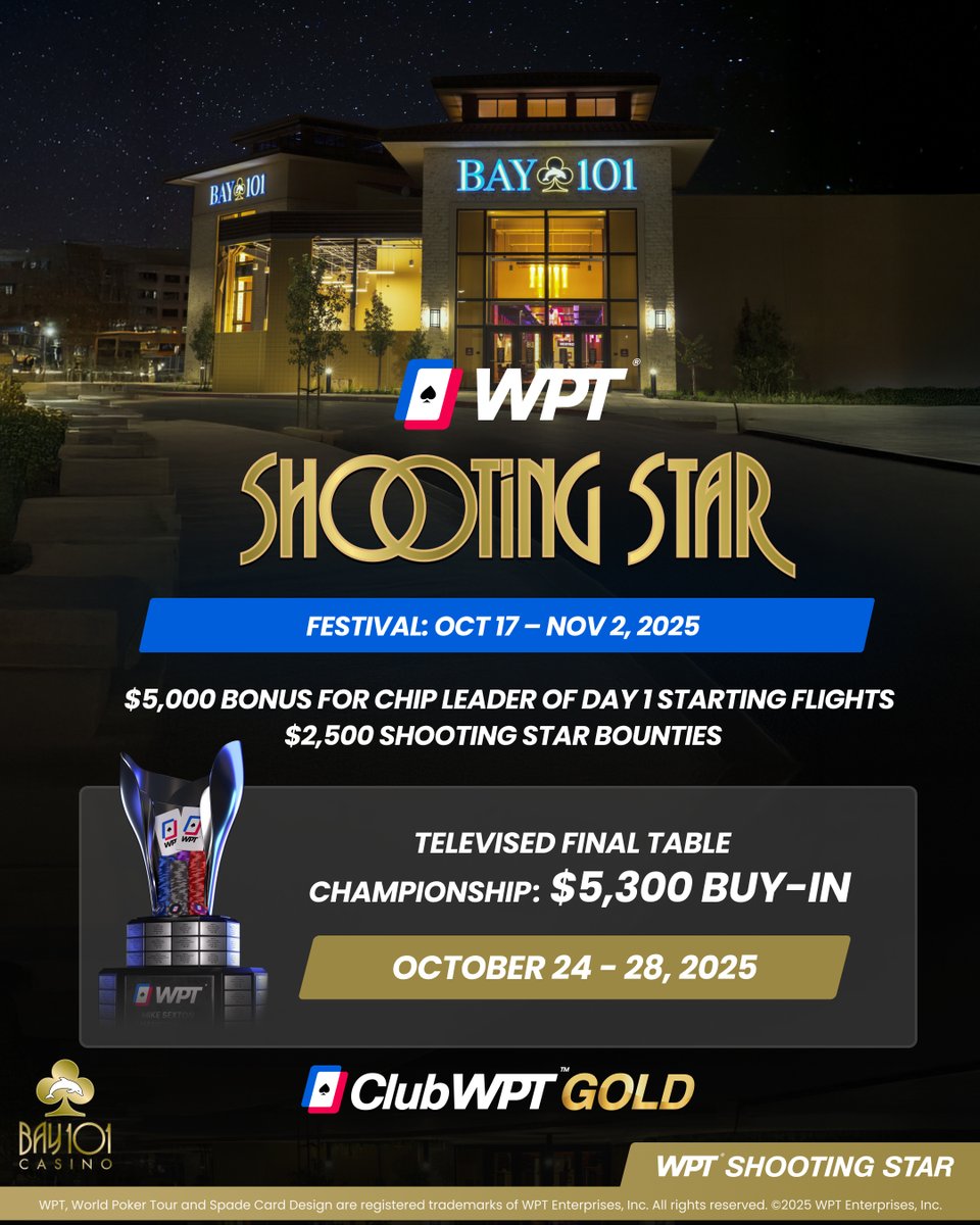 World Poker Tour (@wpt) on Twitter photo WPT Shooting Star <a href="/Bay101Casino/">Bay101 Casino</a> ๐ซ
Festival Dates: Oct 17 - Nov 2
Championship Dates: Oct 24 - 28 WPT Shooting Star <a href="/Bay101Casino/">Bay101 Casino</a> ๐ซ
Festival Dates: Oct 17 - Nov 2
Championship Dates: Oct 24 - 28