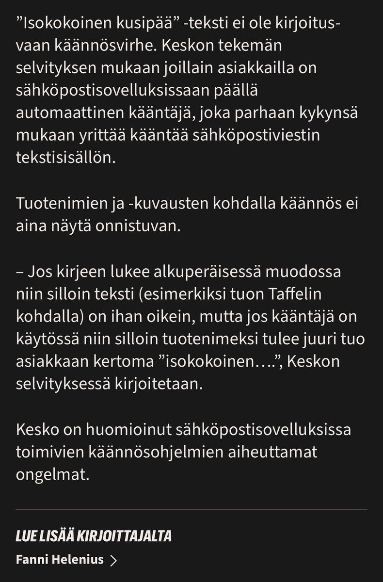 Fanni on kirjoittanut uutisen, jossa ei ole varsinaisesti mitään uutista, olis edes selvittänyt minkä alkuperäisen tekstin kääntäjä kääntää isokokoiseksi kusipääksi… #journalismi #toimittajat #laatu