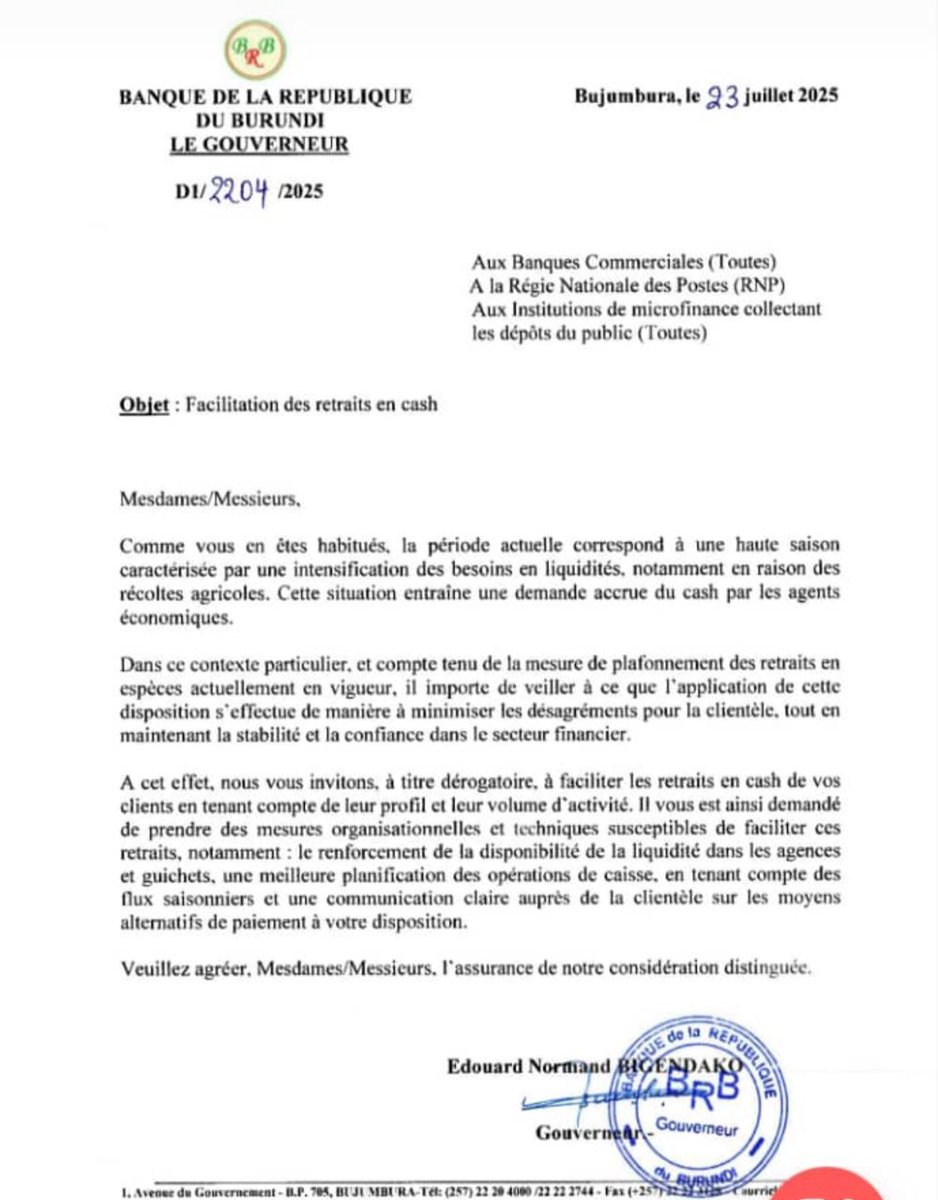 Intumwa Burundi (@intumwanews) on Twitter photo La Banque Centrale du #Burundi <a href="/BankiNkuru/">Banque de la République du Burundi</a> assouplit les limites de retraits en cash pour soutenir la saison des récoltes.
Face à l’intensification des besoins en liquidités durant la période des récoltes agricoles, la Banque de la République du Burundi (BRB) autorise une La Banque Centrale du #Burundi <a href="/BankiNkuru/">Banque de la République du Burundi</a> assouplit les limites de retraits en cash pour soutenir la saison des récoltes.
Face à l’intensification des besoins en liquidités durant la période des récoltes agricoles, la Banque de la République du Burundi (BRB) autorise une