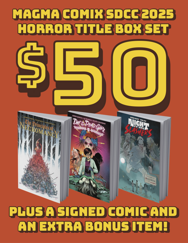MagmaComix's tweet image. #SDCC2025 will see the debut of our HORROR BOX SET! Includes 3 TPs, a signed comic, and bonus item. Available only at our booth, #1709. See you there!
@JacksonLanzing @cpkelly @CanIGetanEamon @Aimee_Garcia @TheAJMendez @PaulFry1138 @duhcoatuhwrites