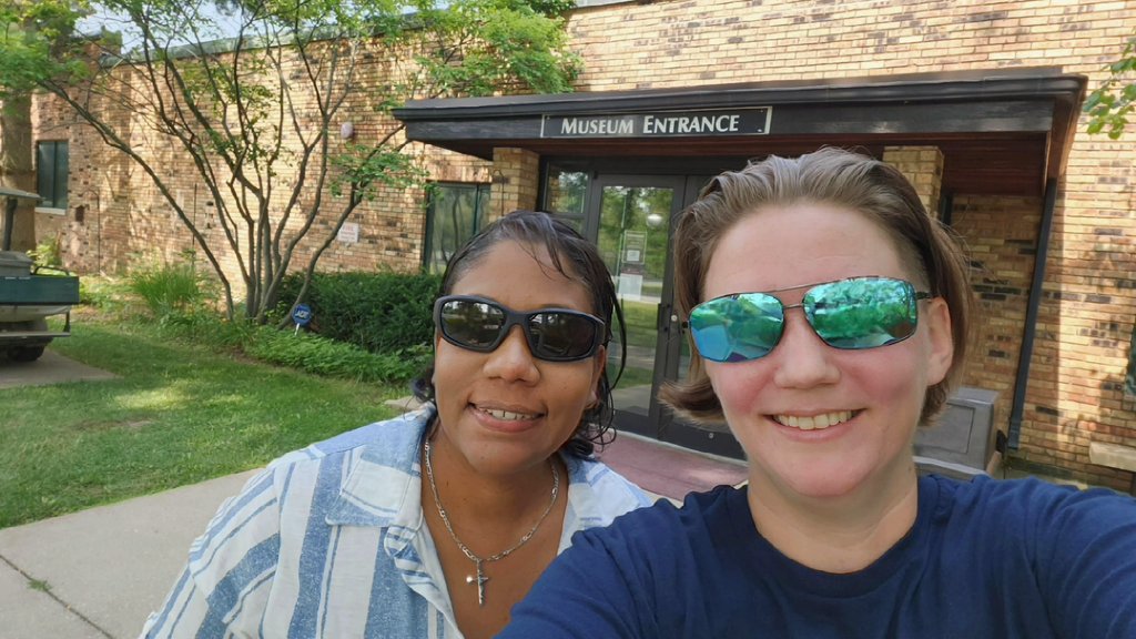 Ang_USL's tweet image. My wife and I a couple of years ago about to enter the Midway Village Museum, where they have a #RockfordPeaches exhibit. 🍑 ⚾️ 💪
#WomeninBaseballWeek