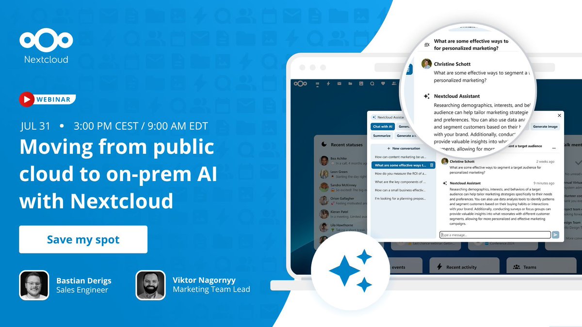 Nextclouders's tweet image. New research reveals 67% of enterprise leaders plan to move AI off the cloud.
Join our July 31 webinar to learn how Nextcloud helps shift AI to secure on-prem infrastructure.
πRegister here: go.nextcloud.com/r/9N82
Canβt join live? Youβll get a recording!