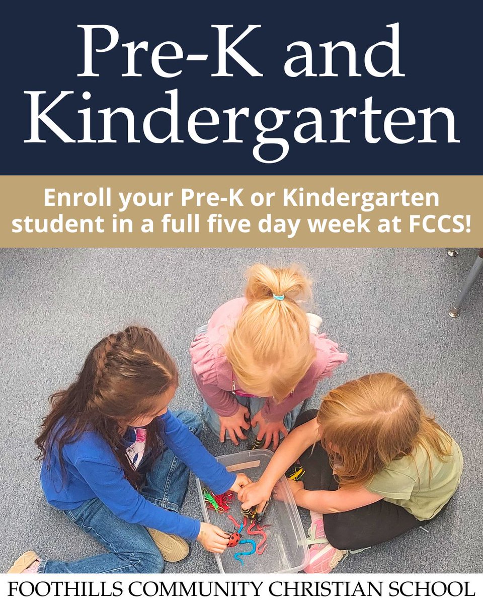 Foothillsfalcon's tweet image. Enroll your Pre-K or Kindergarten student at Foothills Community Christian School!
We offer full days, five days a week, for Pre-K and Kindergarten students. Get more information by visiting our website or contacting the office!
foothillschristian.org