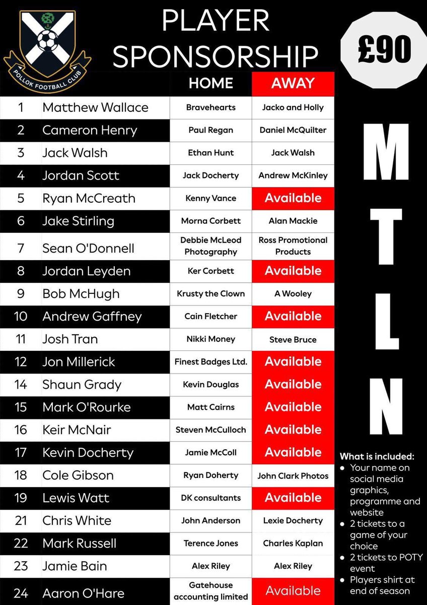 pollokfc's tweet image. The 2025/26 season kicks off THIS WEEK and there’s still time to get your name or business on board by sponsoring a player’s away kit – for just £90! A huge thank you to everyone who has already backed a shirt home and or away!
pollokfc.sumupstore.com/product/25-26-…