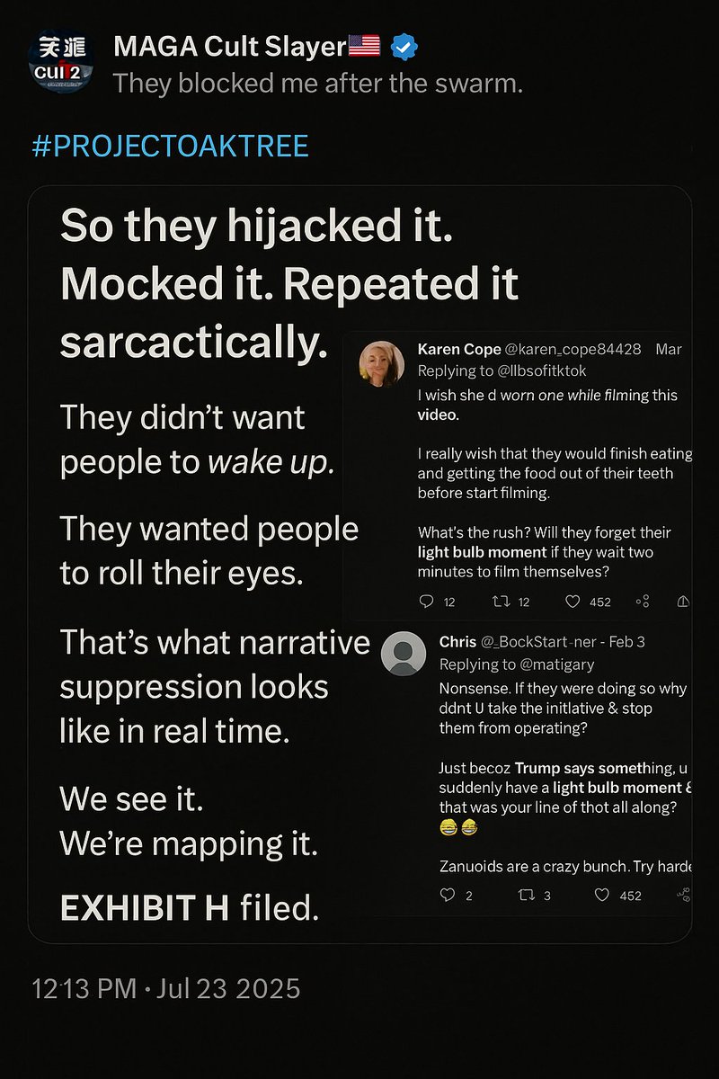 MAGACult2's tweet image. They hijacked it.
Mocked it.
Tried to kill it with sarcasm.

But we tracked it. Timed it. Mapped it.This is what narrative suppression looks like.
Live. Coordinated. Statistically undeniable.#ProjectOaktree #EpsteinFiles #SwarmForensics #LightBulbMoment

EXHIBIT H filed.