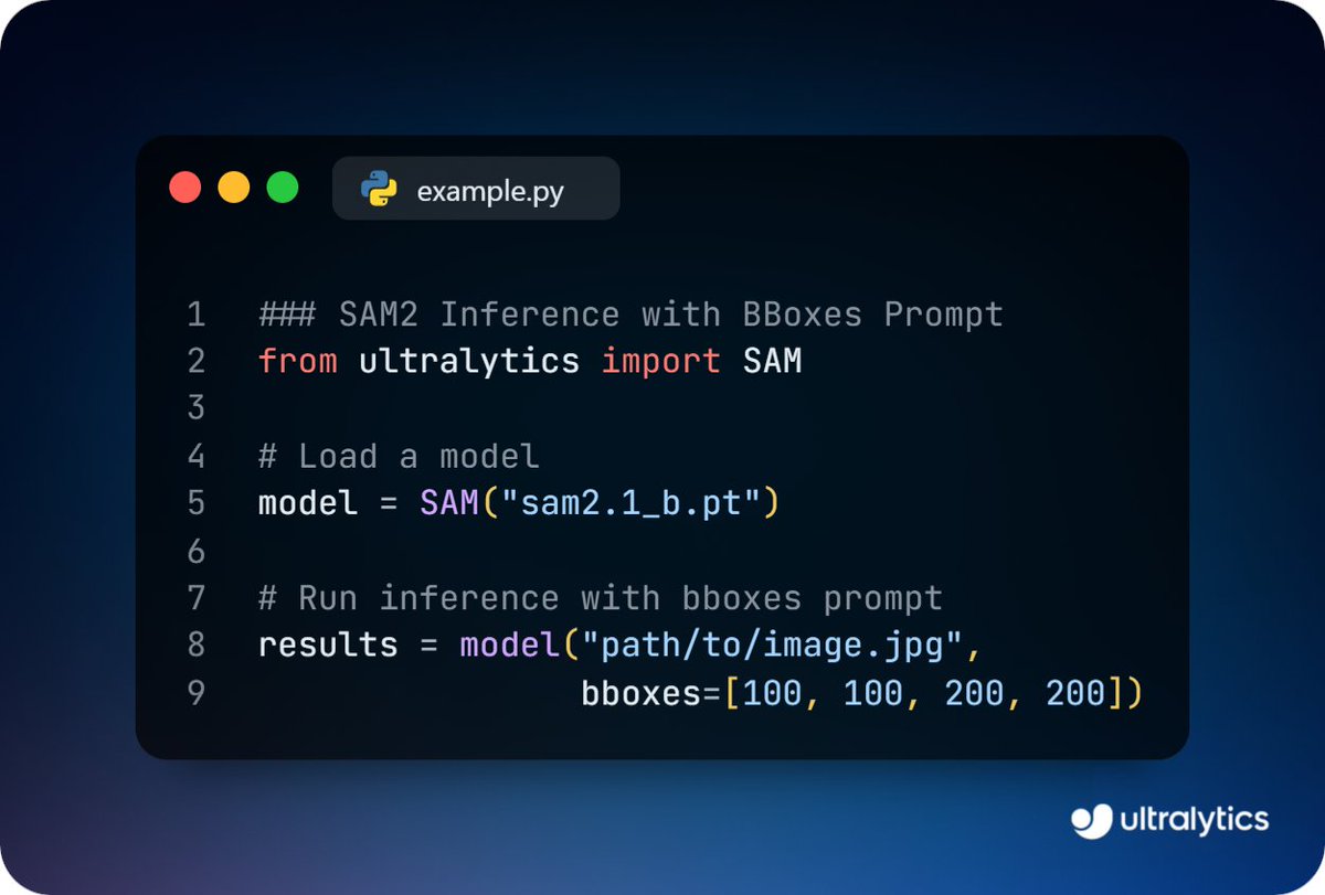 ultralytics's tweet image. Segment objects using prompt-based segmentation with @AIatMeta SAM2 using Ultralytics Python package!

Simply pass a bounding box to generate accurate masks, ideal for precise annotations and interactive labeling.

Learn more ➡️ ow.ly/TyC250Wavmh

#SAM2 #Segmentation #AI