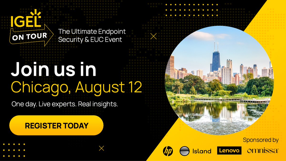 IGEL_Technology's tweet image. Join us for an action-packed, one-day event in Chicago, designed for IT leaders, architects, and endpoint pros who want to stay ahead of the curve. 🙌🏻 IGEL on Tour brings you face-to-face with IGEL experts, top industry sponsors, and a curated agenda of high-impact sessions…