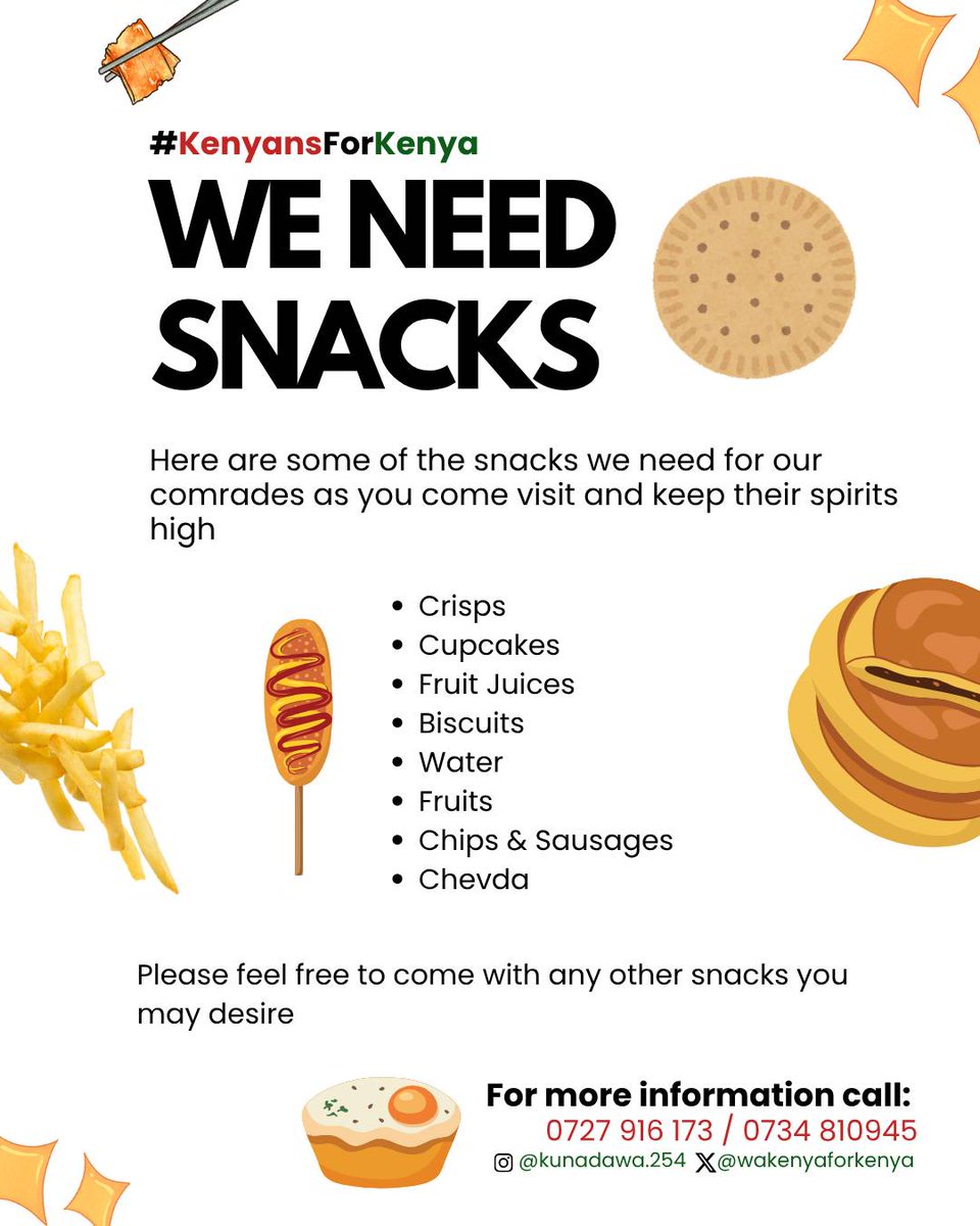 WakenyaForKenya's tweet image. We’re collecting snacks for comrades recovering from protest-related injuries at Kenyatta National Hospital. Most comrades are in Ward 6D, Room 2.
Visiting hours:
- Lunchtime: 12:30 PM – 2:00 PM
- Evening: 4:30 PM – 5:30 PM (Weekdays & Weekends)