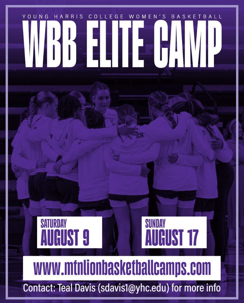 CoachTealDavis (@coachtealdavis) on Twitter photo ELITE CAMP IS COMING UP!
CAMP INCLUDES:
A T-SHIRT
PRACTICE LIKE DRILLS
AN OPPORTUNITY TO COMPETE IN FRONT OF OUR STAFF
A TOUR OF CAMPUS
YOU DON'T WANT TO MISS IT!
<a href="/YHC_Wbb/">Young Harris WBB</a>
mtnlionbasketballcamps.com ELITE CAMP IS COMING UP!
CAMP INCLUDES:
A T-SHIRT
PRACTICE LIKE DRILLS
AN OPPORTUNITY TO COMPETE IN FRONT OF OUR STAFF
A TOUR OF CAMPUS
YOU DON'T WANT TO MISS IT!
<a href="/YHC_Wbb/">Young Harris WBB</a>
mtnlionbasketballcamps.com
