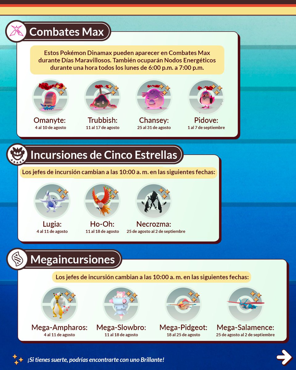 PokemonGoAppLA's tweet image. ¡La actualización de contenido de agosto viene cargada de 31 días de eventos y aventuras en #PokemonGO! 🗓️
¡Entrenadores, prepárense para el Día de Combate Max de Butterfree Gigamax, el Mundial 2025, el Fin de Semana de Combate GO y mucho más! 🤩