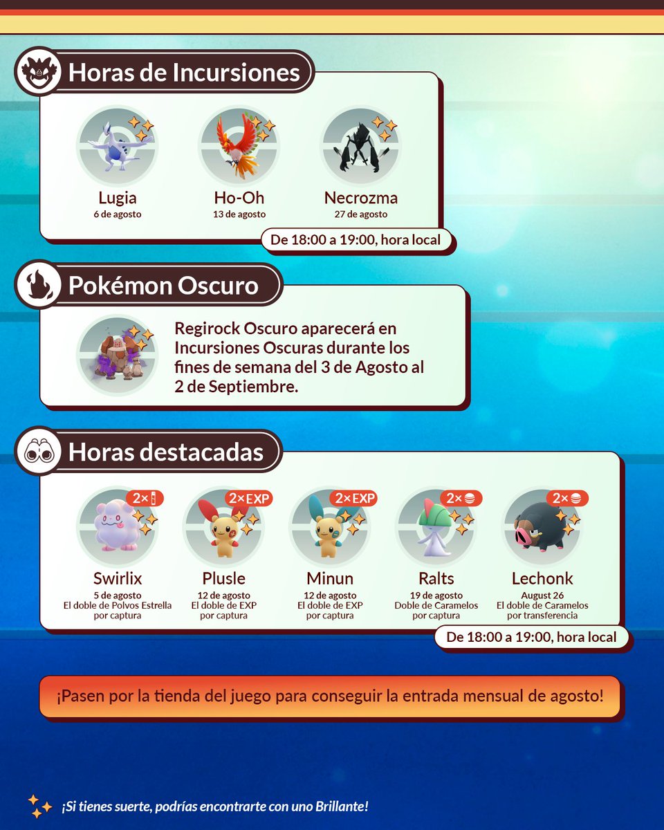 PokemonGoAppLA's tweet image. ¡La actualización de contenido de agosto viene cargada de 31 días de eventos y aventuras en #PokemonGO! 🗓️
¡Entrenadores, prepárense para el Día de Combate Max de Butterfree Gigamax, el Mundial 2025, el Fin de Semana de Combate GO y mucho más! 🤩