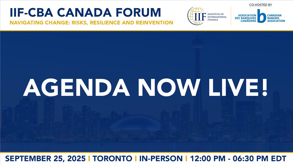 IIF's tweet image. Register Now: IIF-@CdnBankers Canada Forum ๐จ๐ฆ
Join us for our upcoming event in-person in Toronto, Sep. 25, to hear from experts on Canada's position in the evolving global economic & geopolitical landscape
Check out our agenda and register here: ow.ly/kg4N50WubsE