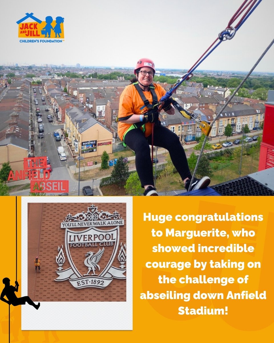 A big shoutout to Marguerite! 👏🧡
She bravely abseiled Anfield Stadium in aid of Jack and Jill, raising funds for 27+ hours of vital home nursing care. What a view, and what an impact! 🧗‍♀️🧡💪

#JackandJill #CareAtHome #AbseilForGood #AnfieldChallenge