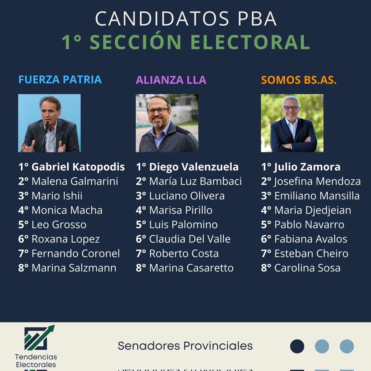EleccionesTEPA's tweet image. 🗳️ Candidatos | 1ra Sección Electoral (Provincia de Buenos Aires)
🔵 Fuerza Patria: 1° Gabriel Katopodis
🟣 Alianza LLA: 1° Diego Valenzuela
🟠 Somos BSAS: 1° Julio Zamora